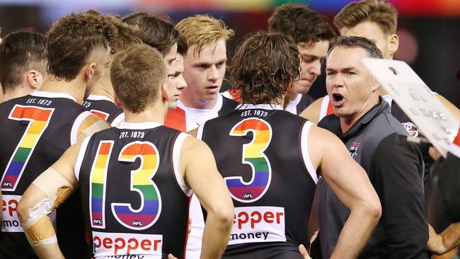 The Saints wore rainbow guernseys to support pride round. Picture: Michael Klein