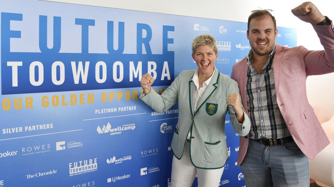 Olympians Matt Denny and Nat Cook at the Future Toowoomba lunch at Wellcamp Airport. Picture: Kevin Farmer