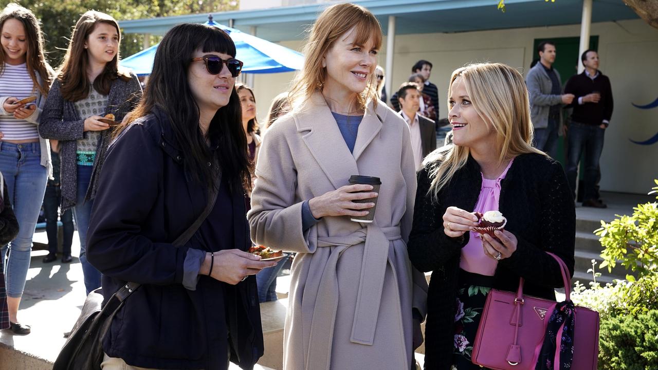 Nicole Kidman, Reese Witherspoon and Shailene Woodley in a scene from Big Little Lies. Picture: Jennifer Clasen/HBO.