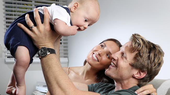 Sloane with his wife Belinda and son Sonny ahead of his milestone game. Picture: Sarah Reed