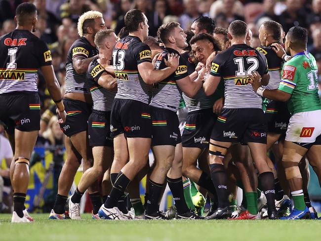 SYDNEY, AUSTRALIA - APRIL 09: Players scuffle during the round five NRL match between the Penrith Panthers and the Canberra Raiders at BlueBet Stadium on April 09, 2021, in Sydney, Australia. (Photo by Mark Kolbe/Getty Images)