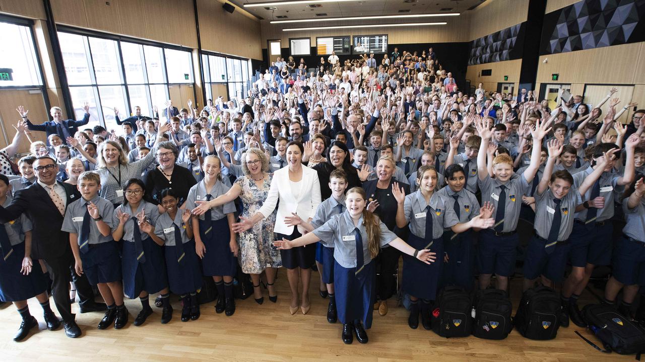 All students with parents, school staff and Premier of Queensland Annastacia Palaszczuk. First day at Fortitude Valley State Secondary College. 585 St Paul's Terrace and Brookes St, Fortitude Valley, Brisbane, 28th of January 2020. (AAP Image/Attila Csaszar)