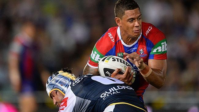 TODane Gagai is tackled by Johnathan Thurston.