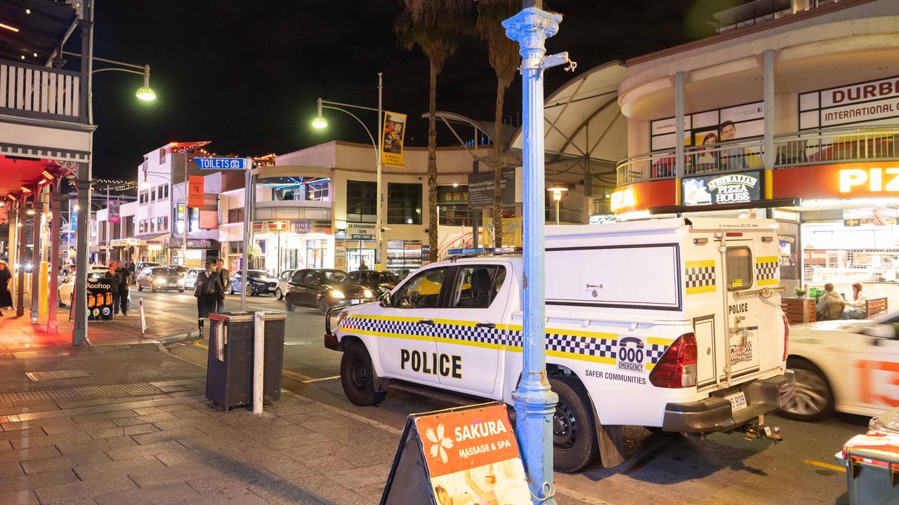 A police presence along Hindley Street on a Friday night in Adelaide. Picture: The Advertiser/ Morgan Sette