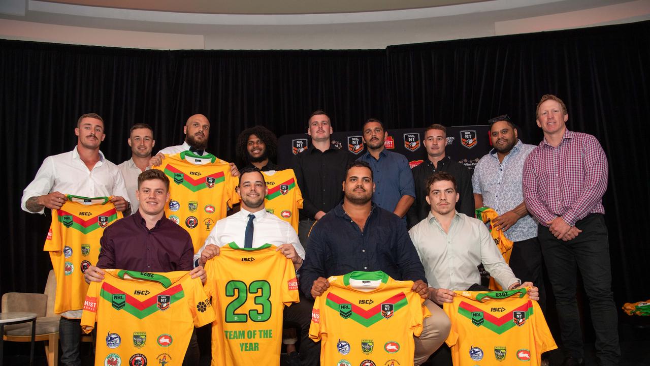 Jack Walsh, Joshua Strzelecki, Clint Chettle, Caleb Niki, Zak Mott, Dustin Briscoe, Jayden Sneddon, Paul Downes, Nathan Dixon, Mitch Burke, Jacob McCarthy, Brock Priestly and Trent Wedding presented team of the year jerseys by Alan Tongue at the 2023 NRL NT Frank Johnson / Gaynor Maggs medal night. Picture: Pema Tamang Pakhrin