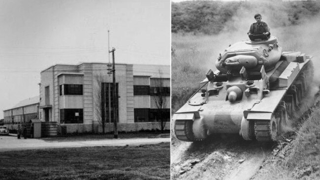 The secret tank building factory on Salmon St, pictured after the war, and an Australian Sentinel tank during training.