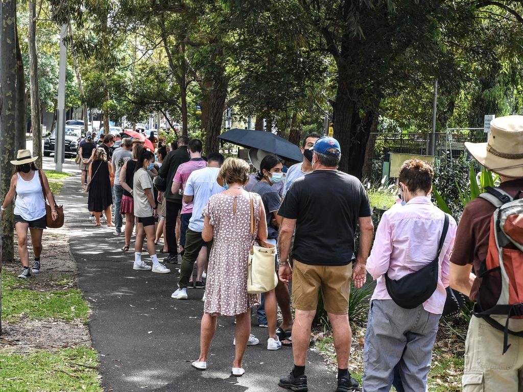 People queue at the Olympic Park vaccination centre. Picture: Flavio Brancaleone/NCA NewsWire