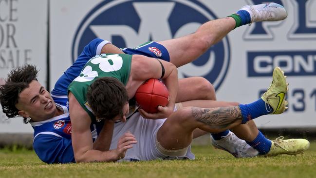 East SunburyÃs Kane Vanroosmalen and Sunbury KangaroosÃ Brody Watts during the EDFL: East Sunbury v Sunbury Kangaroosfootball match in Sunbury, Saturday, May 27, 2023. Picture: Andy Brownbill