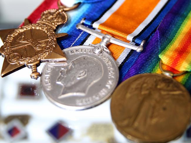 Southside Antiques in Annerley is reporting a huge spike in collectors seeking Anzac antiques in the lead-up to the 100 years of Anzac celebrations. WWI General service medals. 1914/15 star, British War medal and the Victory medal. Photograph; Renae Droop