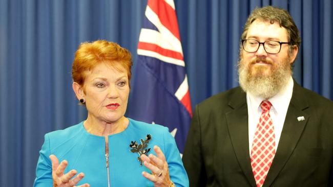 Pauline Hanson on Wednesday announcing George Christensen as a One Nation candidate for the Senate. Picture: Steve Pohlner