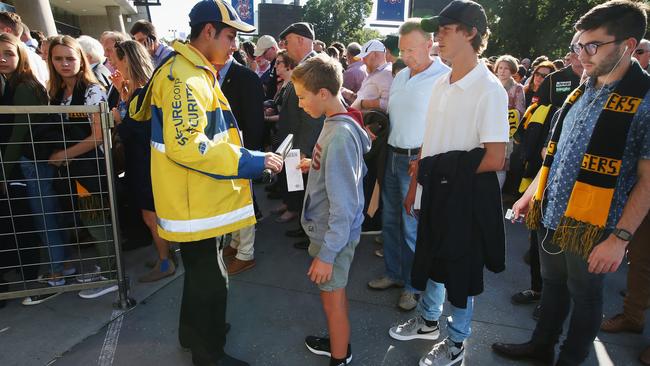 Bag and body checks take place at the MCG as security is ramped up in the wake of the London terrorist attack. Picture: Michael Dodge/Getty