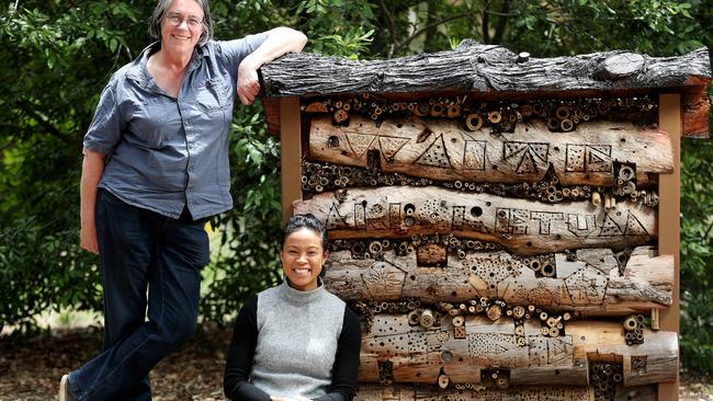 Native bee researchers Katja Hogendoorn and Beth Fung with the Native Bee Hotel near Urrbrae House. Picture: Calum Robertson