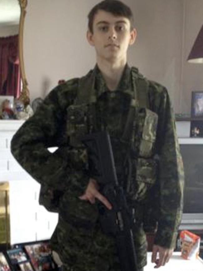 Bryer Schmegelsky pictured with military gear. A witness described him as ‘shy’. Picture: Supplied