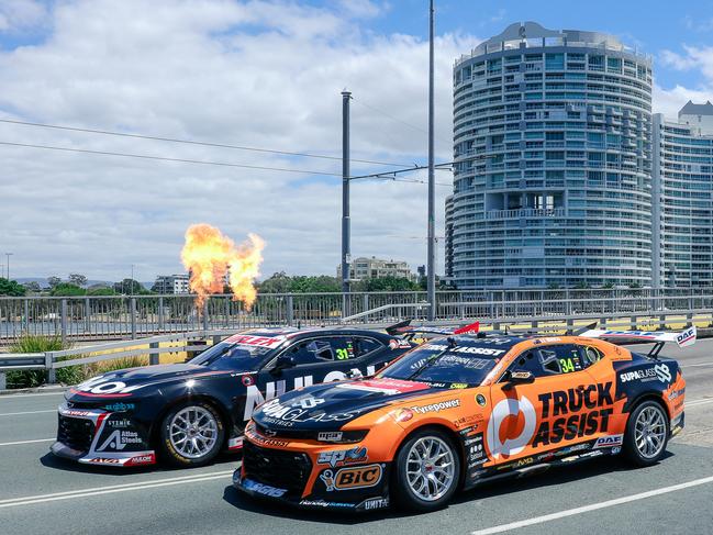 Supercars drive across Sundale Bridge to launch the Gold Coast 500. Picture: Glenn Campbell.