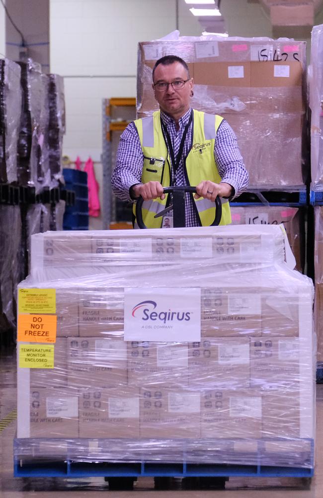 The first batch of the locally produced AstraZeneca vaccine leaves a Melbourne factory.