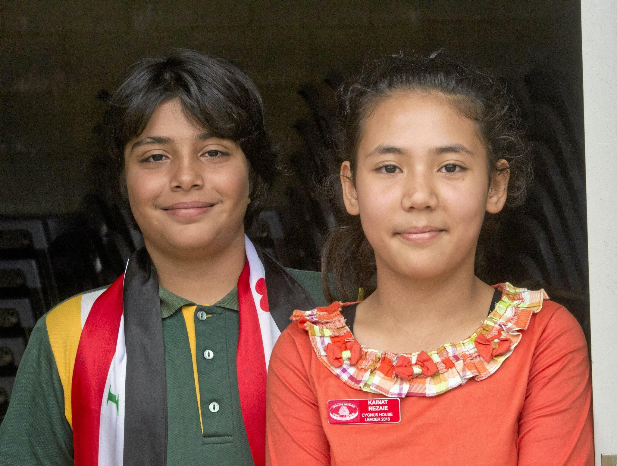 Abdullah Al- Halfi and Kainat Rezaie. Harmony day at Darling Heights State School  . Wednesday 16 Mar , 2016. Picture: Nev Madsen