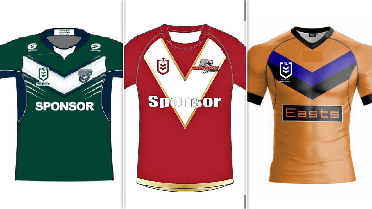 Jerseys for NRL expansion hopefuls the Jets, Dolphins and Firehawks.