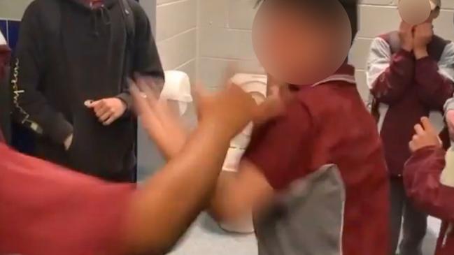 Rosewood High students fighting in a toilet block while at least 10 students watch and egg the violence on. Pictures: Instagram