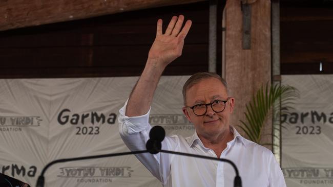 Anthony Albanese speaks on Garma Key Note at the Garma Festival 2023. Picture: Pema Tamang Pakhrin