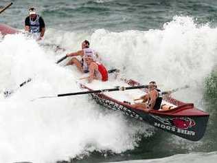 A rough landing awaits the Northcliffe under-23 men’s crew in yesterday’s final at Coolum. Picture: NICHOLAS FALCONER