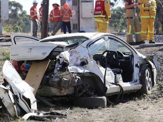 car v train in Inverleigh.The car  driver was taken to hospital after colliding with a freight train at Inverleigh Picture: Mark Wilson