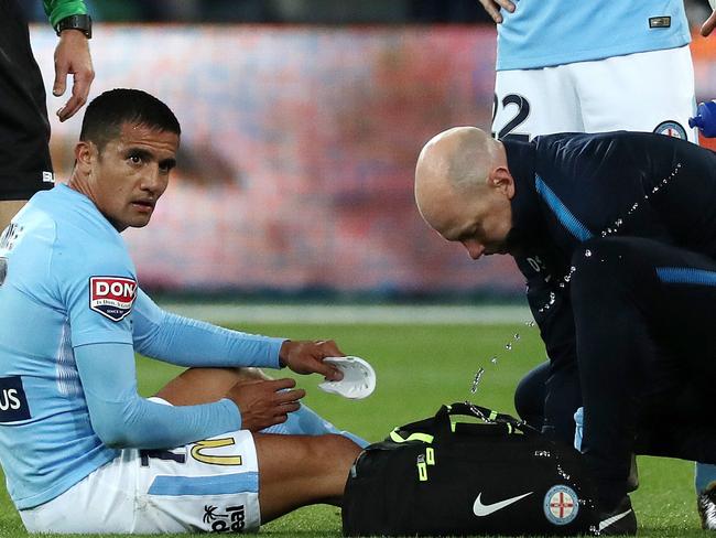 Melbourne City's Tim Cahill subbed off in the first half of the  round 5 A-League match between Melbourne City and Sydney FC at AAMI park in Melbourne, Friday, November 3, 2017. (AAPImage/George Salpigtidis) NO ARCHIVING, EDITORIAL USE ONLY