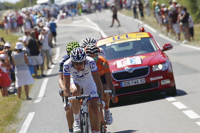 <p>France's Mickael Delage (FDJ) leads the breakaway on stage three.</p>