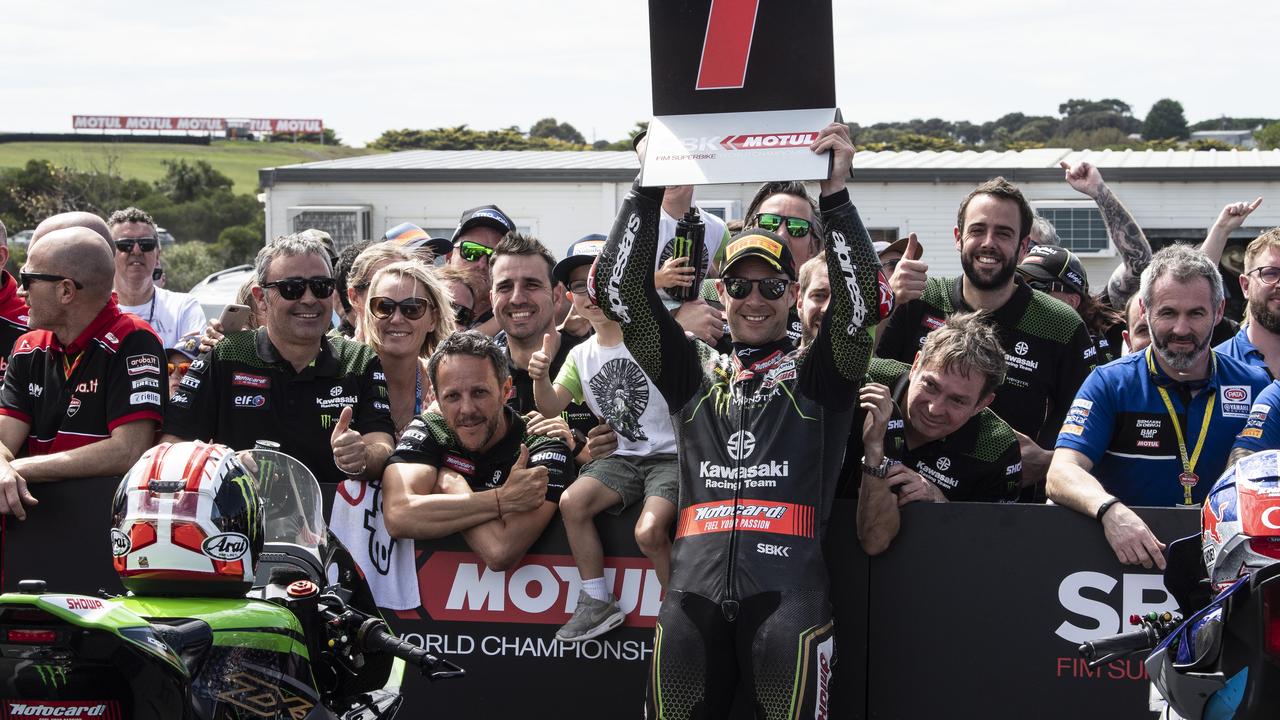 Jonathan Rea celebrates the sprint race win on Sunday. Photo credit: Graeme Brown