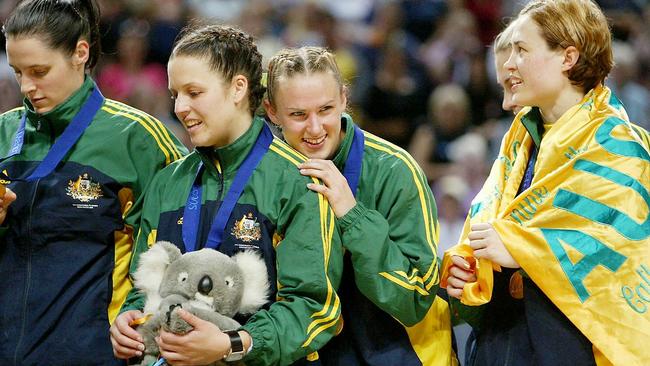 Janine Ilitch, Alex Hodge, Sharelle McMahon and Alison Broadbent all in disbelief on the podium. Pic Leon Mead