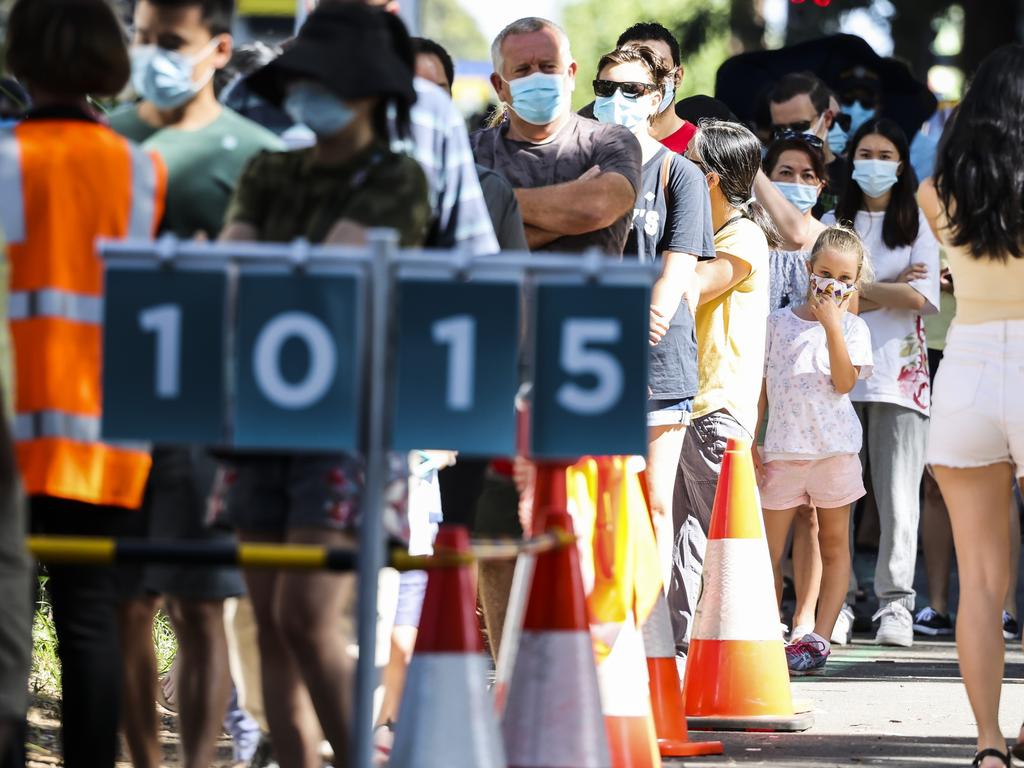 People line up at the Covid vaccination hub in Homebush. Picture: NCA NewsWire/Dylan Robinson