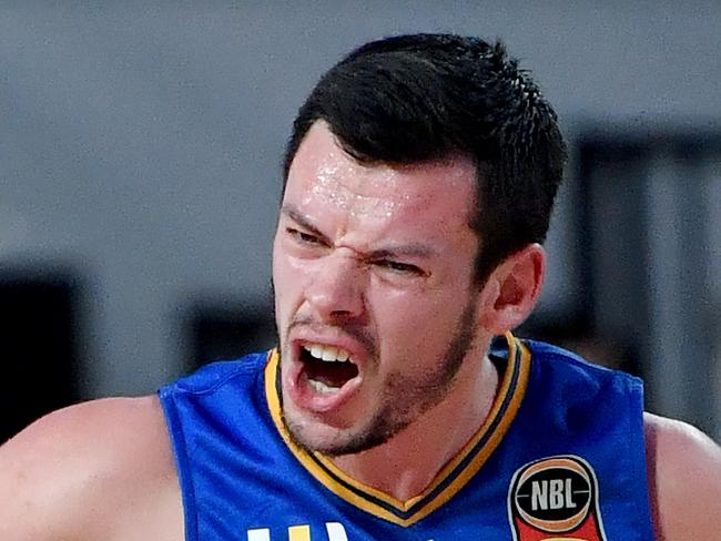 Jason Cadee of the Bullets reacts during the Round 6 NBL match between the Brisbane Bullets and the Sydney Kings at the Queensland State Netball Centre in Brisbane,  Friday, November 8, 2019. (AAP Image/Darren England) NO ARCHIVING, EDITORIAL USE ONLY