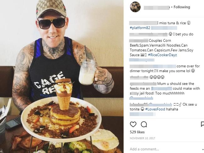 Chris Rymer jokes about prison food on Instagram with a photograph of him tucking into an elaborate chocolate dessert.