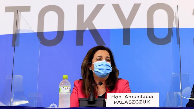 Queensland Premier Annastacia Palaszczuk speaks at a press conference at the MPC at the Tokyo 2020 Olympics after she successfully bid to hold the 2032 Olympics in Brisbane. Pics Adam Head