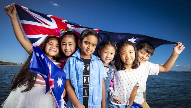 Mayda, Soyule, Eshan, Athena and Samuel celebrate Australia Day. Picture: Nicole Cleary