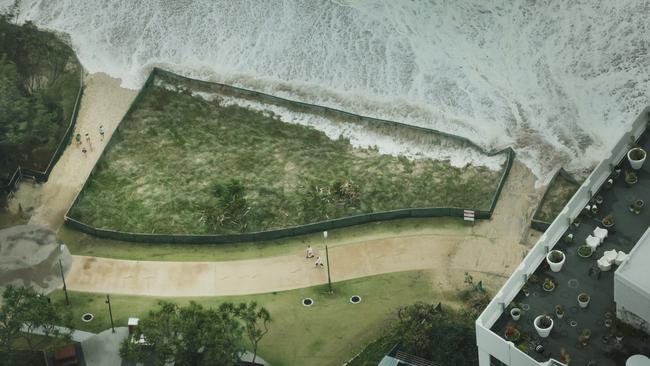 The view from Q1 of the giant surf, created by Cyclone Alfred, pounding the beachfront on the Gold Coast. Picture: Glenn Hampson.