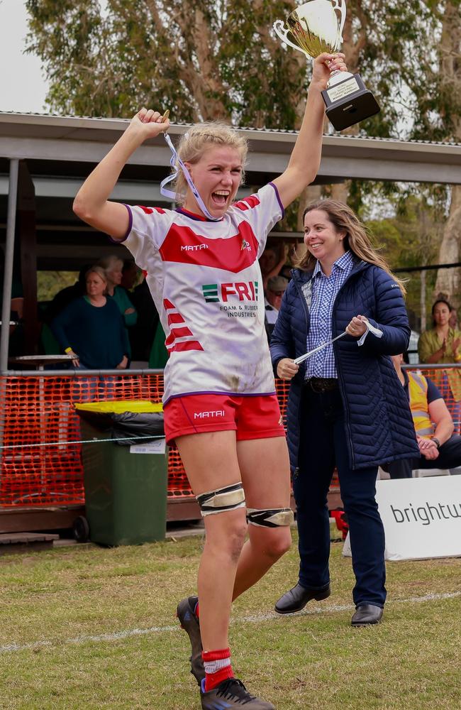 Nambour Toads player Megan Prinsloo celebrates winning the 2022 Sunshine Coast women's rugby union grand final. Picture: Rachel Wright Images