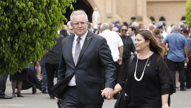 Prime Minister Scott Morrison and his wife Jenny leave the funeral. Picture: Chris Pavlich