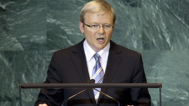 2008: Kevin Rudd, Prime Minister of Australia, addresses the United Nations General Assembly at UN headquarters (AP Photo/Richard Drew)