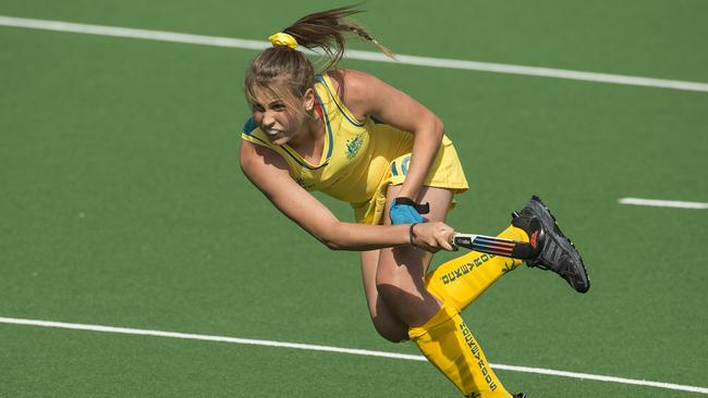 Madison Fitzpatrick in her first game for the Hockeyroos against Korea in 2015.