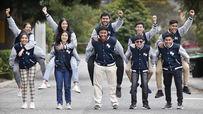 Mount Waverley Secondary twins Shrita and Shriya, 18, Dee and Ashley, 18, Lujith and Luhith, 17, Raj and Neel, 17, and Dhashan and Dhavin, 18, race to the VCE finish line. Picture: David Caird