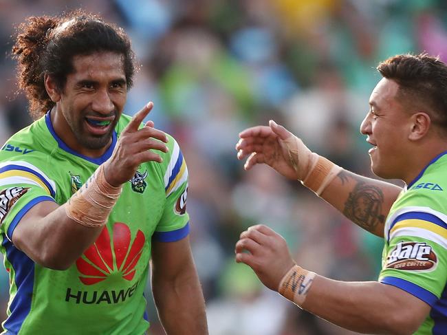 CANBERRA, AUSTRALIA - AUGUST 25:  Iosia Soliola of the Raiders celebrates scoring a try with team mate Josh Papalii of the Raiders during the round 24 NRL match between the Canberra Raiders and the South Sydney Rabbitohs at GIO Stadium on August 25, 2018 in Canberra, Australia.  (Photo by Mark Metcalfe/Getty Images)