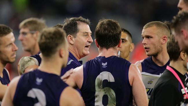 Ross Lyon addresses his Fremantle players during one of his last games as coach. Picture: Will Russell/AFL Photos via Getty Images.