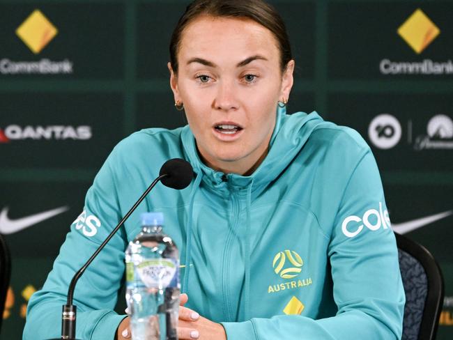 ADELAIDE, AUSTRALIA - MAY 30: Caitlin Foord of Australia    speaks during a Australia Matildas Press Conferencat Coopers Stadium on May 30, 2024 in Adelaide, Australia. (Photo by Mark Brake/Getty Images)