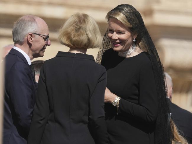 Queen Mathilde of Belgium, right, arrives for the funeral of Pope Francis in St. Peter's Square. Picture: AP