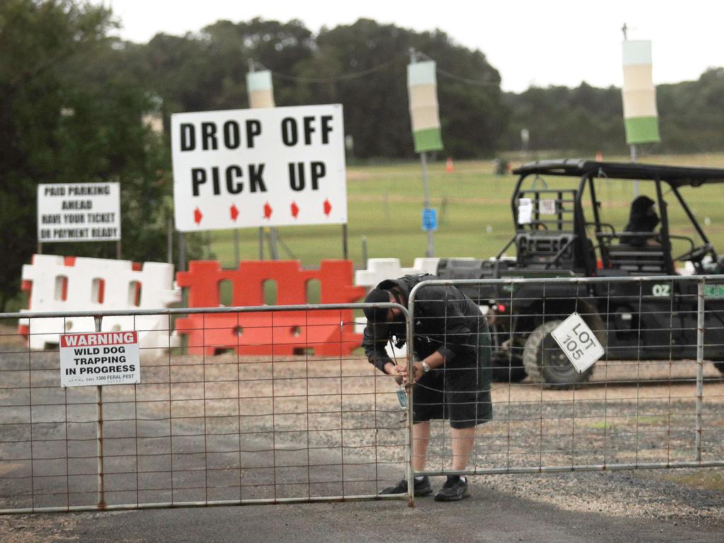 March 31, 2021: Byron Bay Blues Festival front gates are locked shut with a big metal chain by Event Security after ticket holders were told the event had been cancelled at the last minute due to current Covid-19 outbreaks at Byron Bay. Picture: NCA NewsWire / Scott Powick