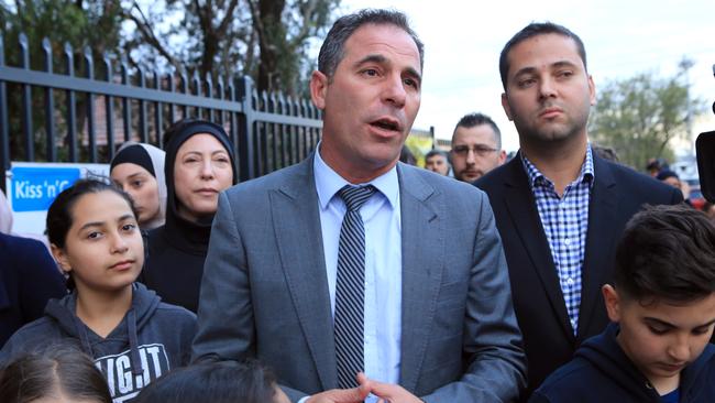 Lakemba state Labor MP Jihad Dib talking at the vigil outside Banksia Road Public School in Greenacre. Picture: Christian Gilles