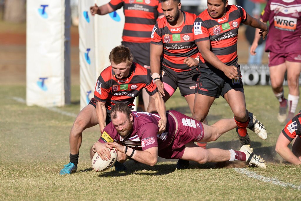 Xavier Manley crosses for a Dalby Diehards try against Valleys Roosters in TRL Premiership qualifying final rugby league at Glenholme Park, Sunday, August 12, 2018. Picture: Kevin Farmer