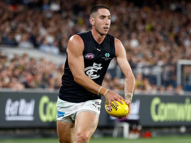 MELBOURNE, AUSTRALIA - MARCH 13: Jacob Weitering of the Blues in action during the 2025 AFL Round 01 match between the Richmond Tigers and the Carlton Blues at the Melbourne Cricket Ground on March 13, 2025 in Melbourne, Australia. (Photo by Michael Willson/AFL Photos via Getty Images)