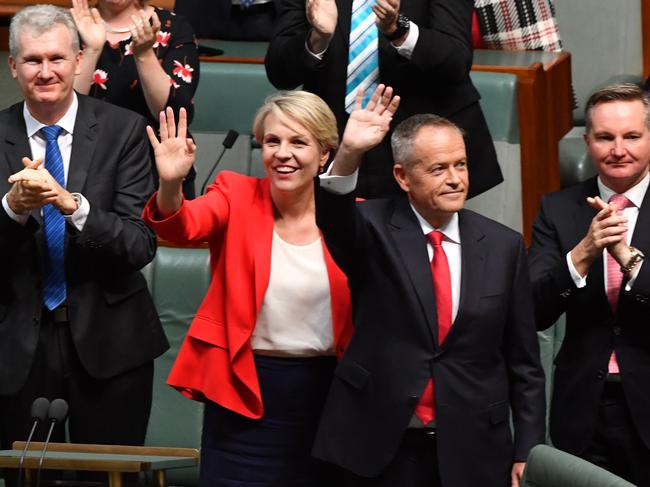 A wave from Mr Shorten and deputy Labor leader Tanya Plibersek. Picture: AAP