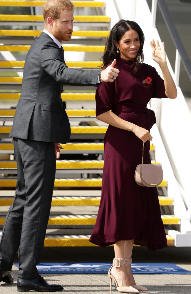 Meghan and Harry wave goodbye to Australia. Picture: Matrix